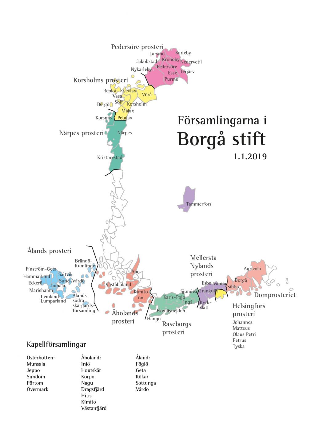Karta över Borgå stifts prosterier och församlingar